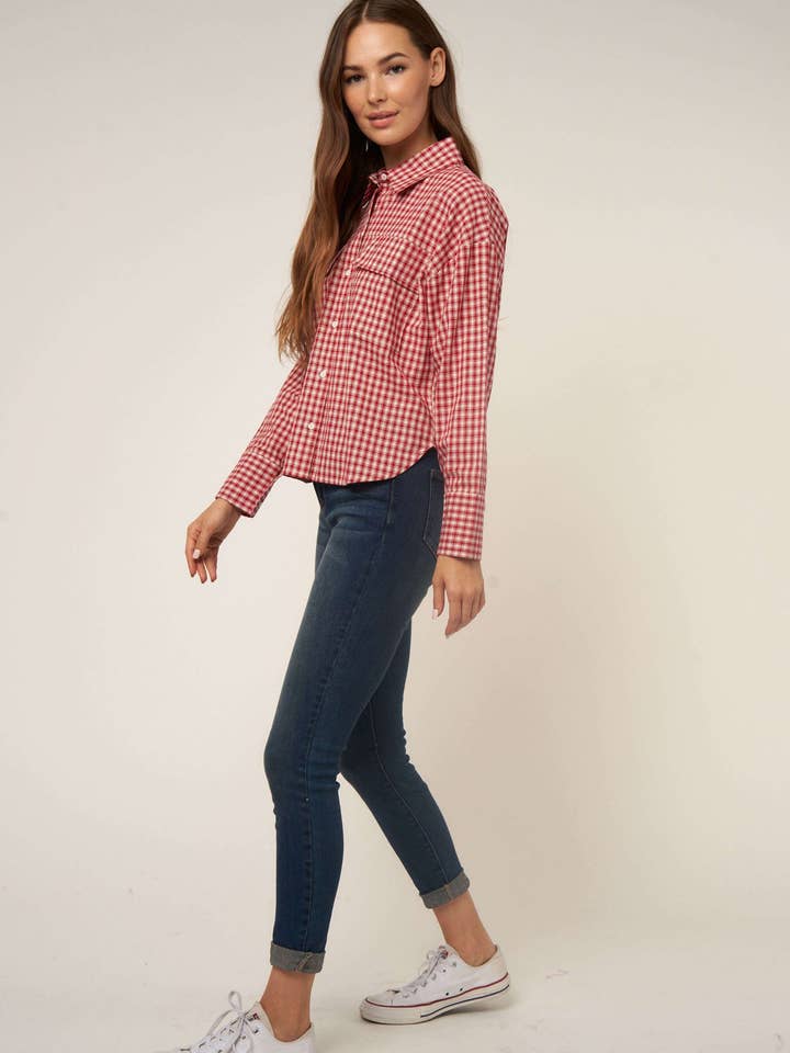 WINE SMALL GINGHAM BUTTON DOWN SHIRT for wholesale on Faire9