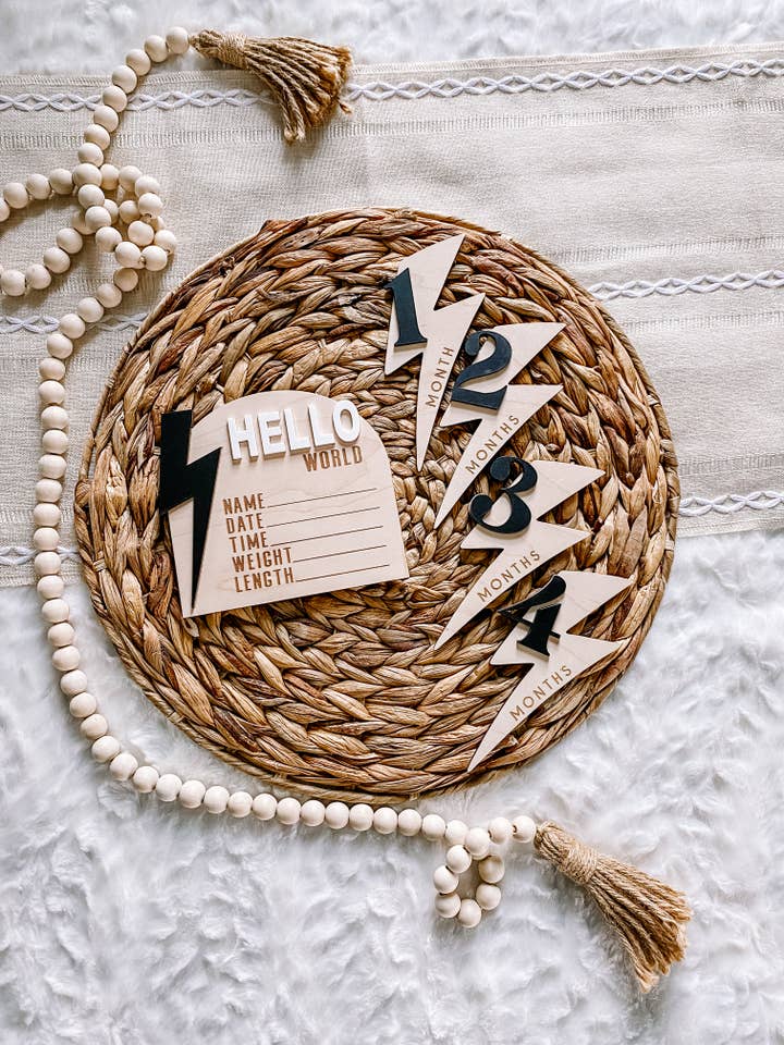 Wooden Monthly Milestone Set - Modern Lightning Bolt for wholesale by Claire and Bella