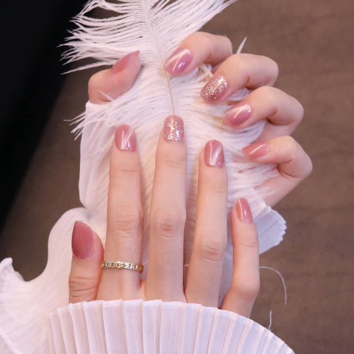 Rosa Unghie corte quadrate ovali rosa con glitter a pressione in vendita all'ingrosso su Faire