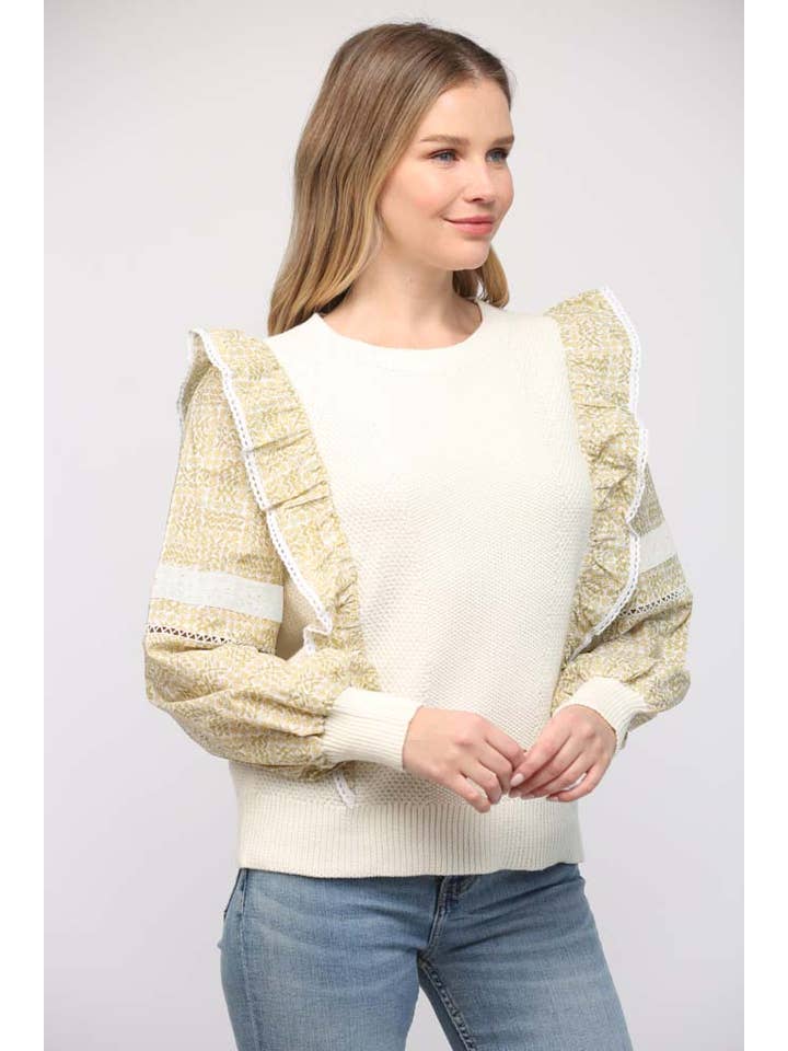 CREAM MUSTARD CONTRAST WOVEN PUFF SLV SWEATER W/ RUFFLE DETAIL FW12006 for wholesale on Faire1