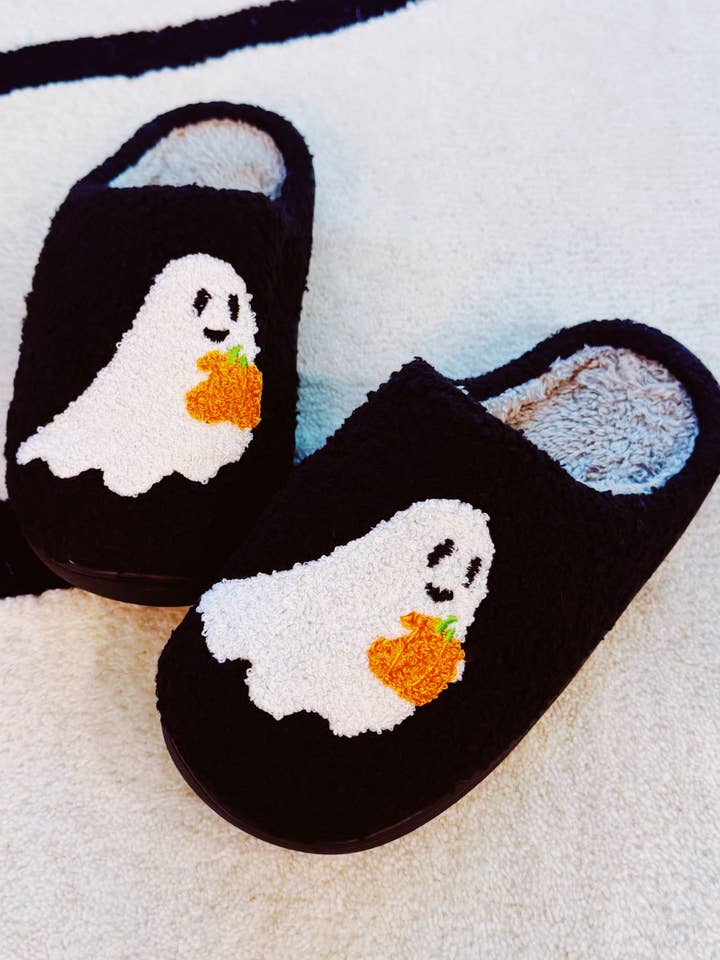Ellison+Young - Wholesale Slippers - Women's - Spooky Ghost Cozy Slippers – Soft Black Slippers with Cute Ghost and Pumpkin Embroidery