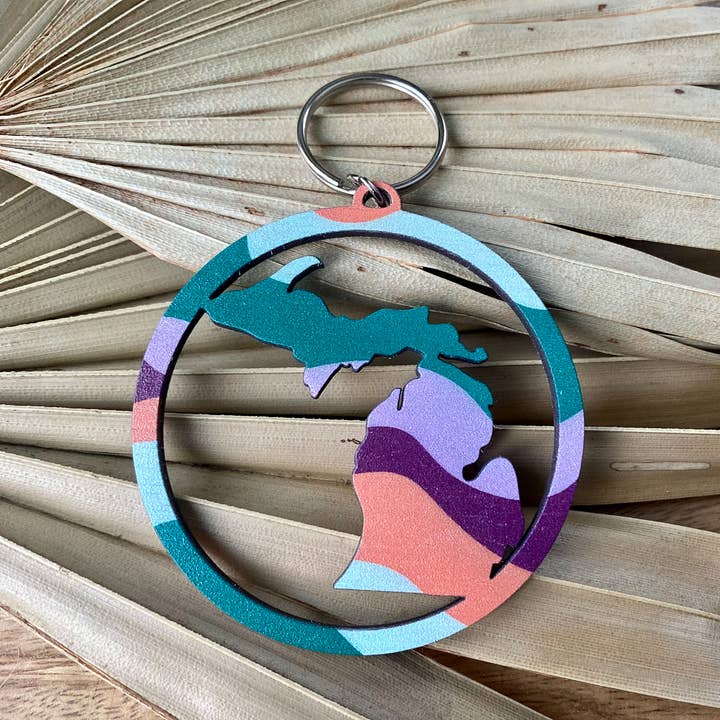 Feather and Birch - Wholesale Keychain - Unisex - Michigan Purple and Teal Wave Round Wood Keychain0
