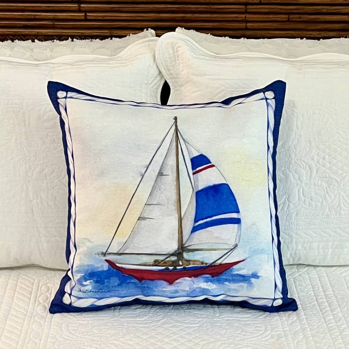 Bamboo Table - Wholesale Throw/Decorative Pillow - Sailboat Nautical Indoor/Outdoor Pillow Machine Washable