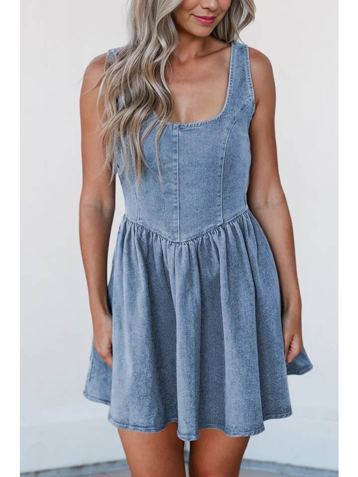 Aapparella - Wholesale Dress - Women's - Square Neck Bowknot Back Sleeveless Denim Dress | S-XL