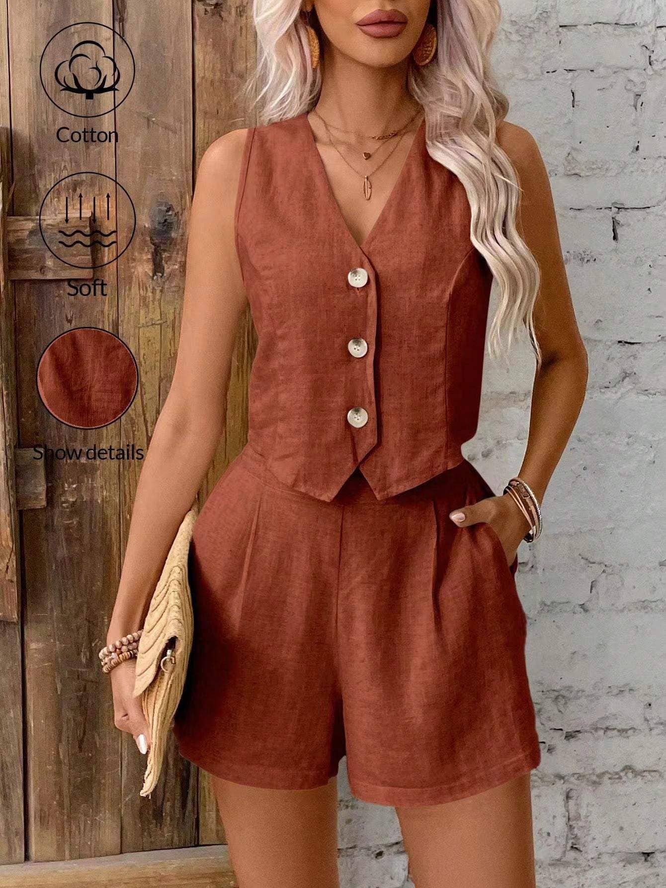 Fashion Combination – wholesale Set med topp och kjol - Dam – Linne-set med väst och lösa shorts i old money-stil13