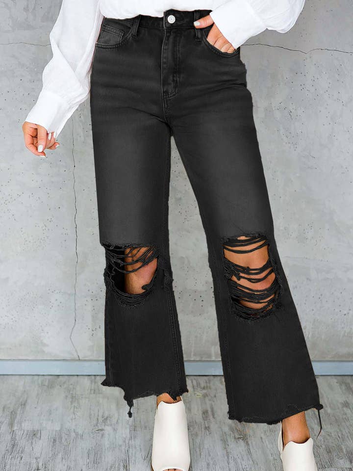 FULL TIME PURCHASE - Wholesale Jeans - Women's - Distressed Hollow-out High Waist Cropped Flare Jeans