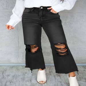 Plus Size Black Elasticated Waist Ripped Skinny AVA Jeans