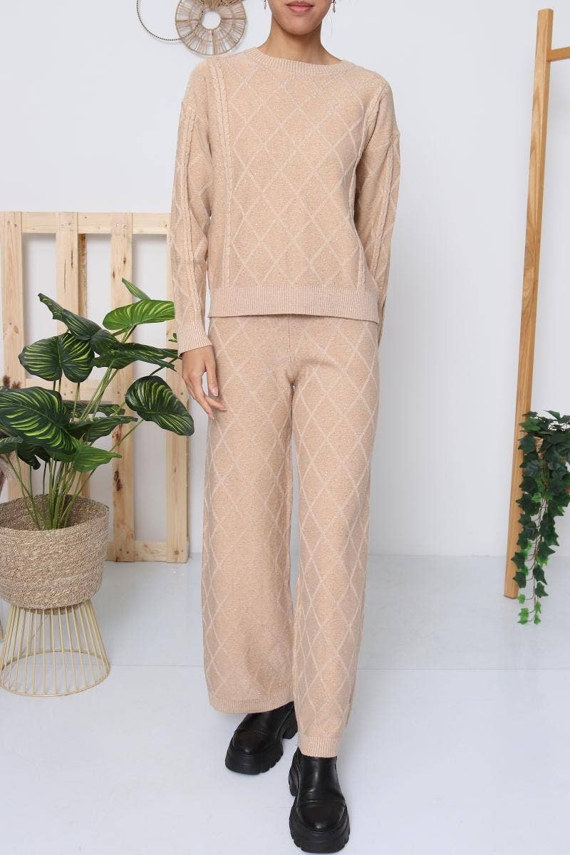 DIX-ONZE – wholesale Top & pants set (NOT Loungewear) – Women's – Diamond Knit Set – Crew Neck Sweater & Wide-Leg Pants6