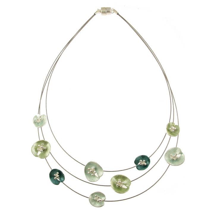 Origin Jewelry - Wholesale Pendant/Charm Necklace - Floral Lilypad Necklace, Three Strands, 18", Magnetic Clasp