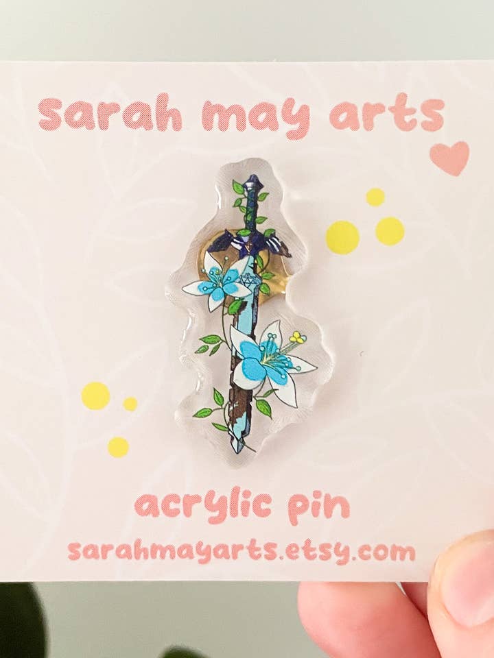 Épinglette en acrylique Master Sword | Épinglette florale Legend of Zelda pour la vente par Sarah May Arts