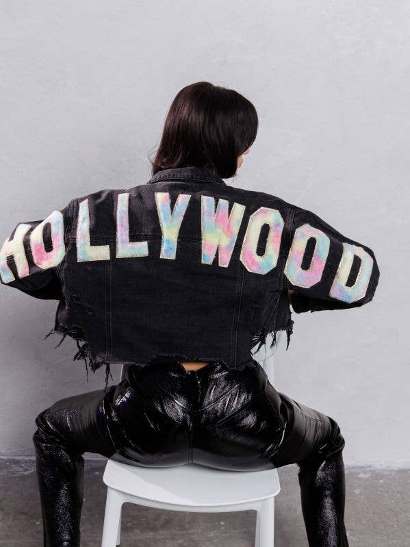 Hollywood Multi Font Crop Denim Jacket for wholesale by Trio Urban