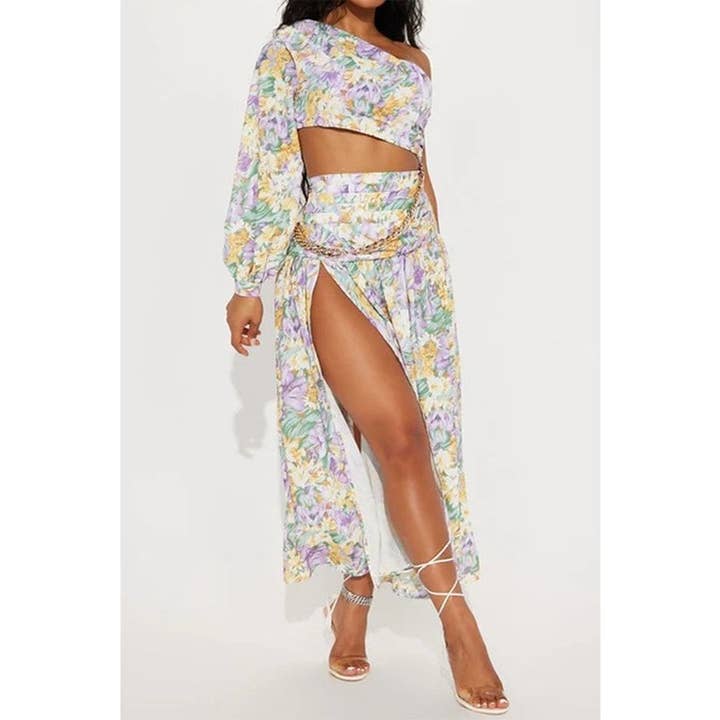 YELLOW PURPLE Floral Chain Detail One-Shoulder Bodysuit and Skirt Set for wholesale on Faire