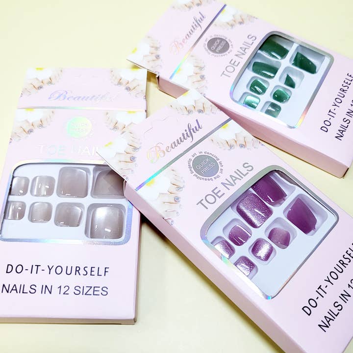 Assorted Color Women Pre Glued Press On Toe Nail Set for wholesale on Faire