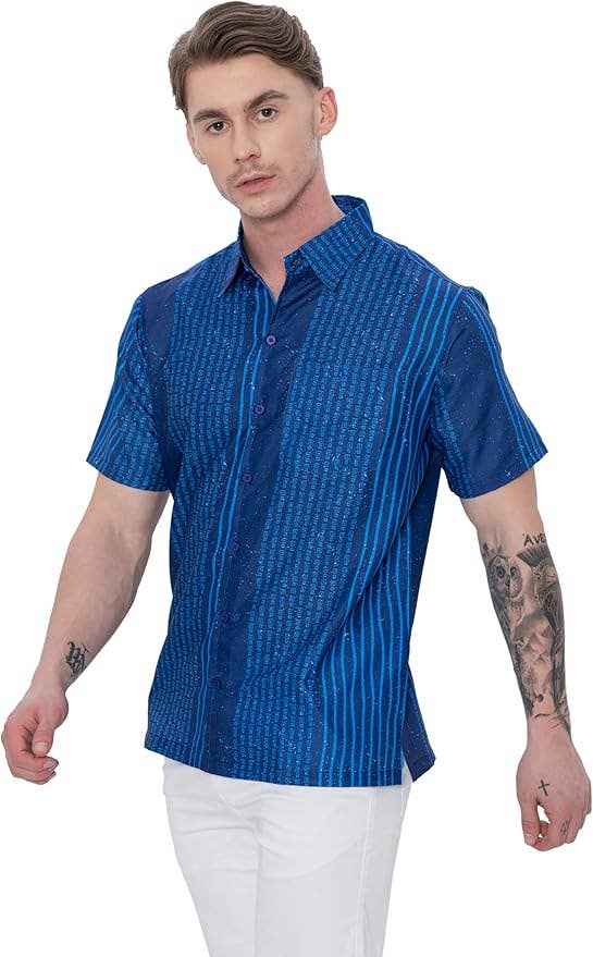 Blue HAPPY BAY  Linen Effect Mens Shirts Red Stripes P00437 for wholesale on Faire4
