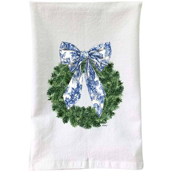 Blue & White Wreath Flour Sack Towel for wholesale by B McVan Designs