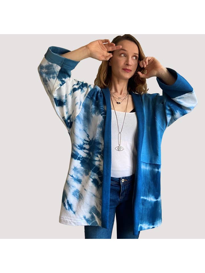 TJ Indigo Clothing Co. - Vente Kimono – femme - Kimono patchwork en coton biologique indigo à contraste élevé3