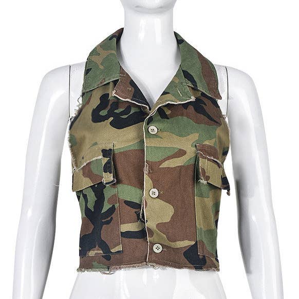 MB FASHION CAMO Cropped Sleeveless Vest with Tie Back 9185LY for wholesale on Faire13