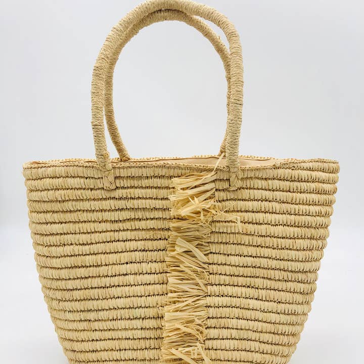 Shebobo - Wholesale Beach Bag - Roxanne Crochet Straw Basket with Raw Fringe Trim