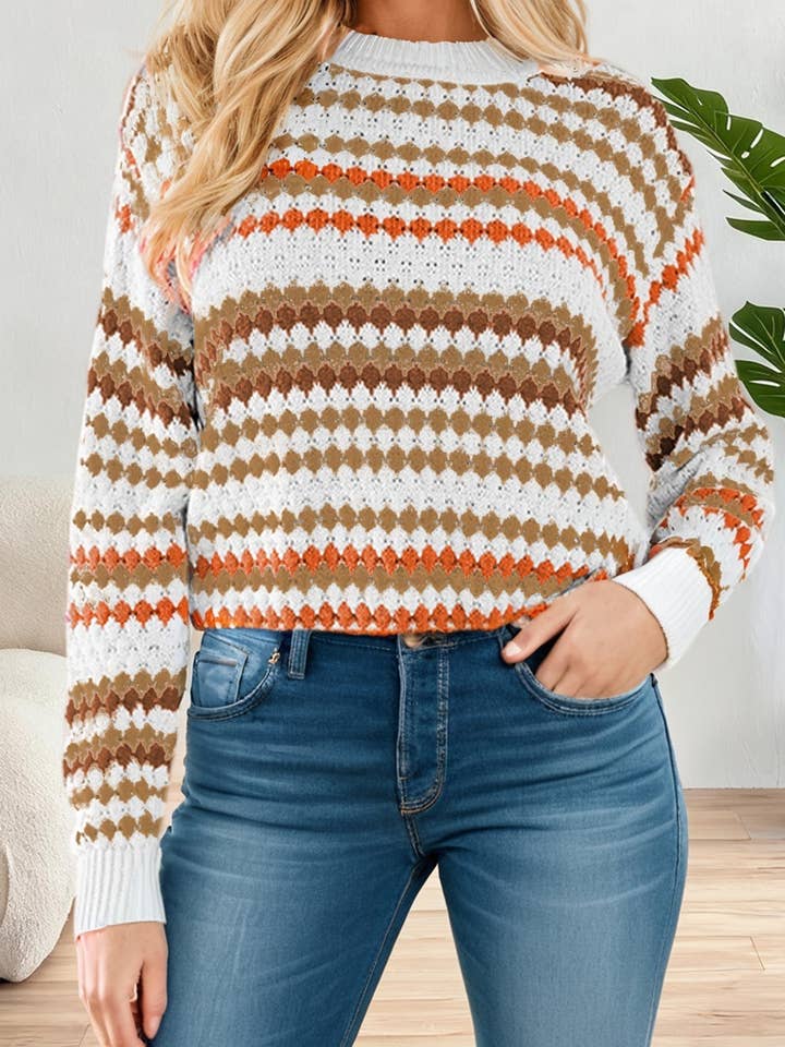 Stripe Eyelet Patterned Drop Shoulder Sweater for wholesale by LA Society