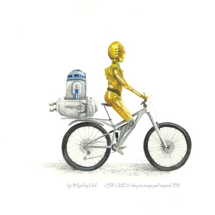 Club de vélo C3PO & R2D2 - Impression artistique 11x14 pour la vente par Bike Club