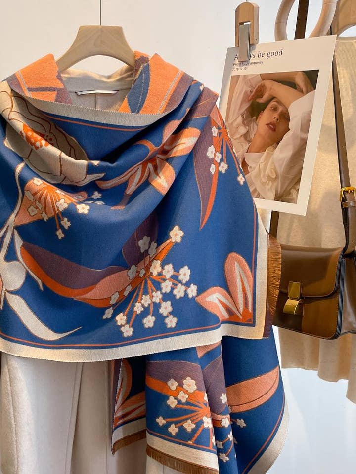 Cozy Cashmere Feel Travel Blue/Orange Reversible Shawl for wholesale by Winding River
