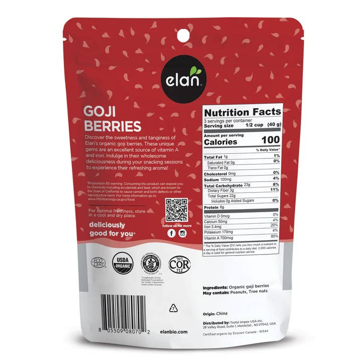 Elan - Wholesale Dried/Dehydrated Fruit - Elan Organic Dried Fruit Goji Berries, Snacks, Food (5 oz)1