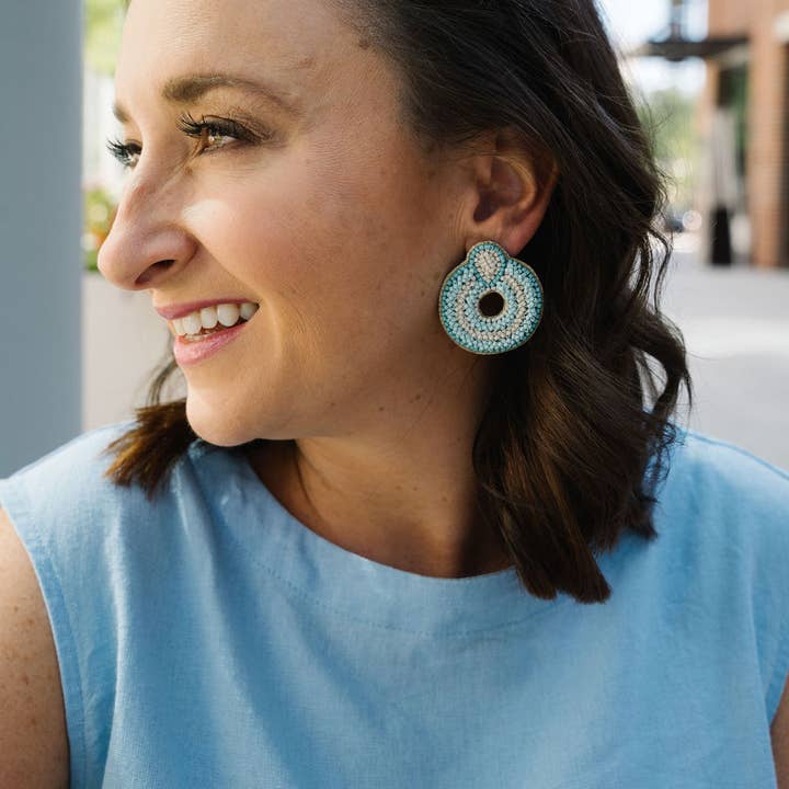 Asher Beaded Door Knocker Statement Studs- Blue & White for wholesale by Moxie Mae