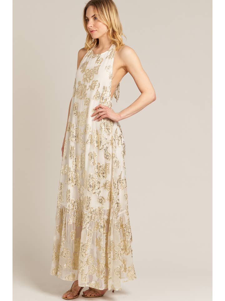 En Crème - Wholesale Dress - Women's - Halter Neck Maxi Dress with Lurex Gold Flowers