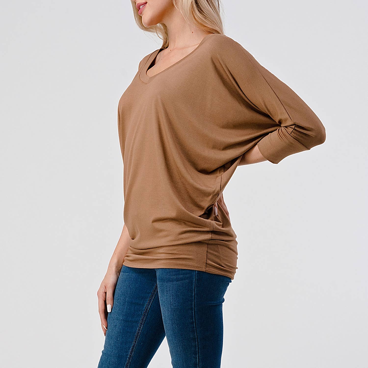 Heimious - Wholesale Knit Top - Women's - 3/4 Dolman Sleeve V-neck Modal Jersey Top, 257343