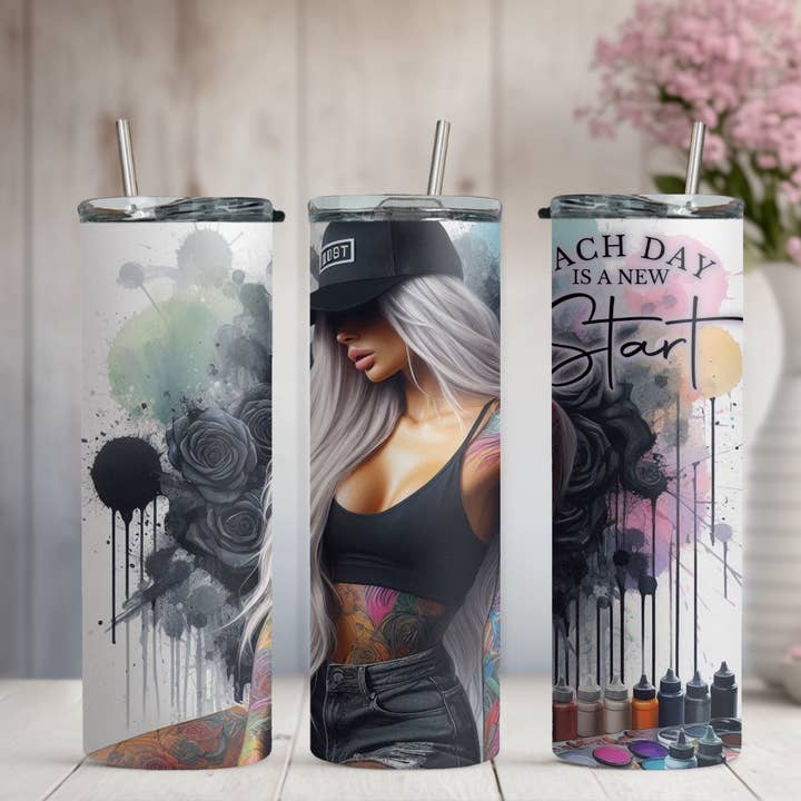 Each Day is a New Start Tattoo Girl 20oz/30oz Skinny Tumbler for wholesale by Honey Jar Creations