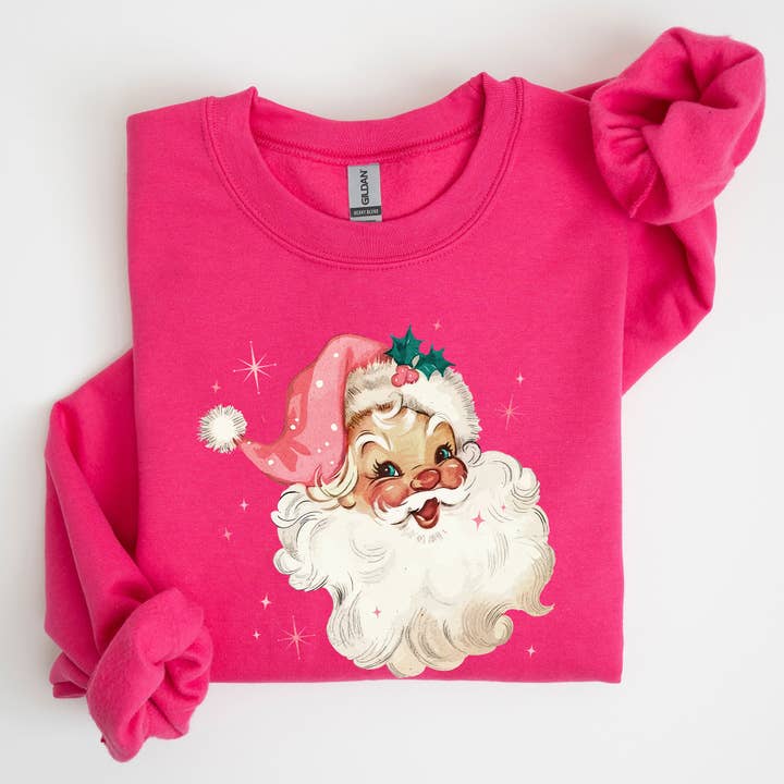 Retro Santa, Pink Christmas Sparkles Vintage Xmas Sweatshirt for wholesale by Refinery Number One LLC