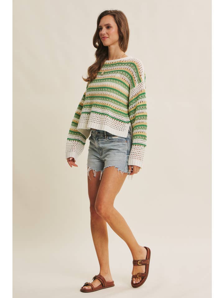 in february - Wholesale Knit Sweater - Women's - BRIGHT VIBRANT MULTI STRIPE LOOSE FIT CROCHET SWEATER TOP29