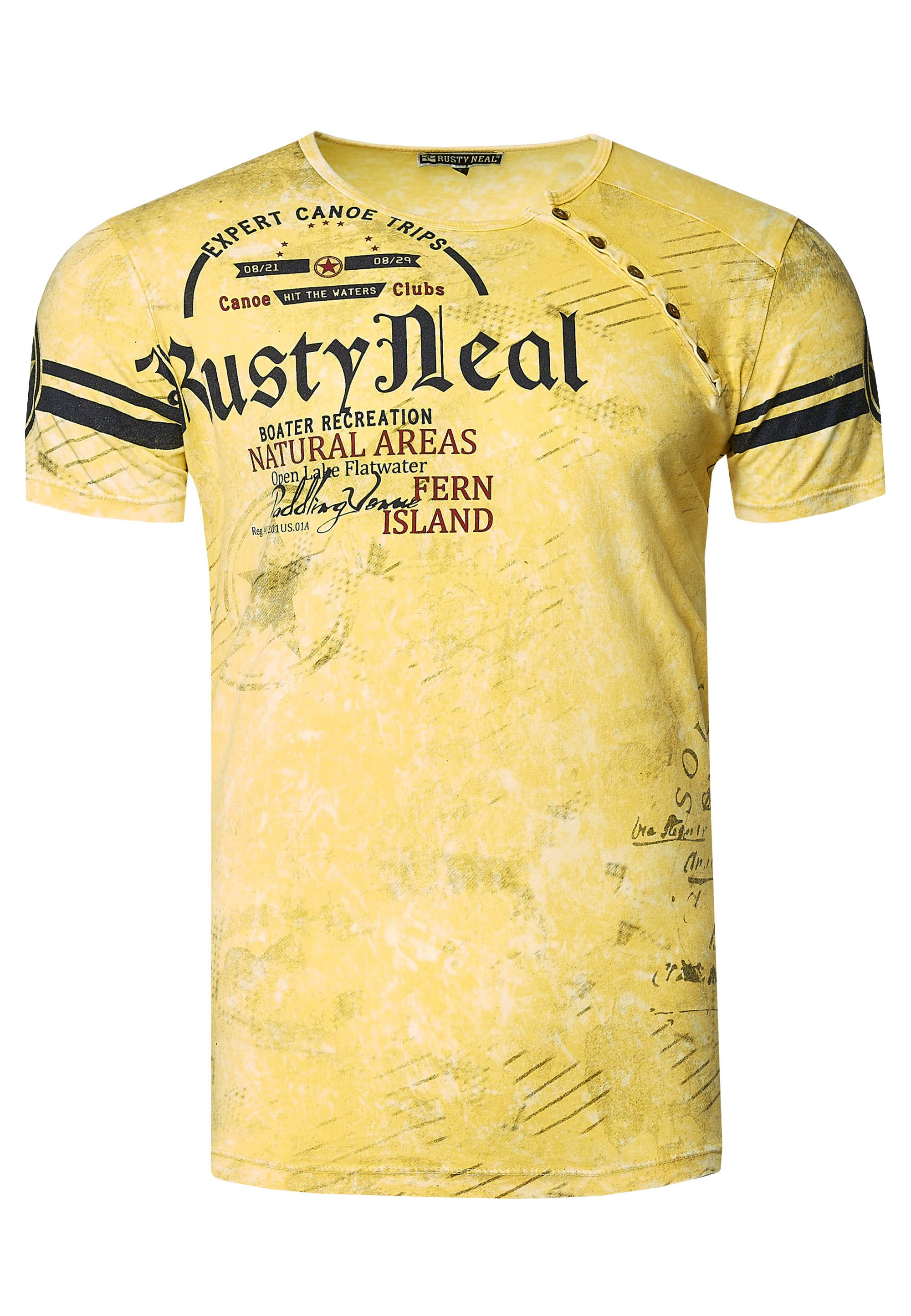 Rusty Neal - Wholesale Screen Printed T-Shirt - Men's - T-shirt with side button placket and logo print 2452