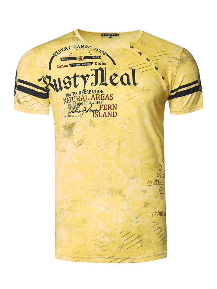 Rusty Neal - Wholesale Screen Printed T-Shirt - Men's - T-shirt with side button placket and logo print 2452