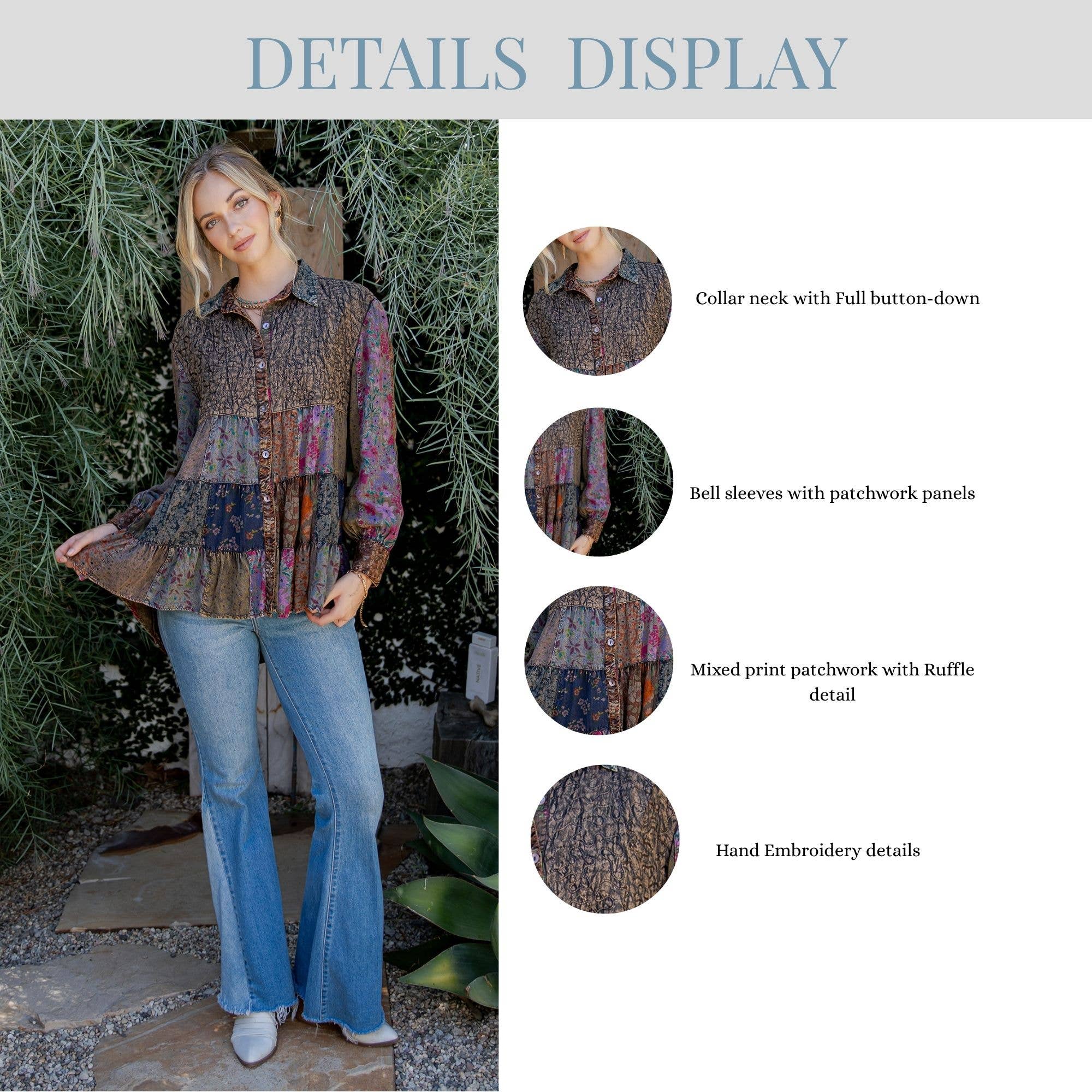 Amber Front-Open Boho Shirt with Quilted Emb & Rayon Tiers for wholesale on Faire8