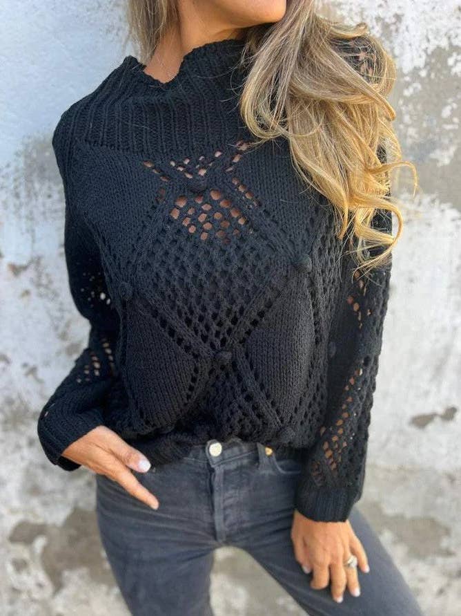 Rosa Clothing - Wholesale Knit Sweater - Women's - Boho Solid Color Knit Sweater with Pom-Pom Detail3