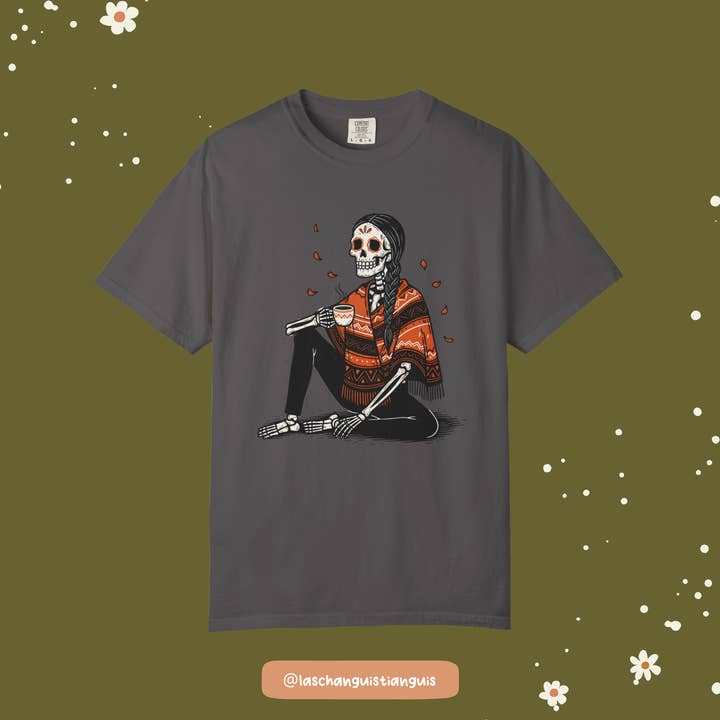 Día de Muertos Skeleton Mujer Comfort Colors® T-Shirt – Cozy Fall Tee with Cafecito & Marigold Petals for wholesale by Las Changuis Tianguis