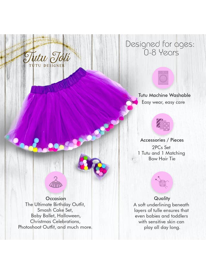 Tutu Joli LLC - Wholesale Tutu - Kids - Purple Kids Skirt | Pom Pom Tutu and Bow Hair Tie For Girls