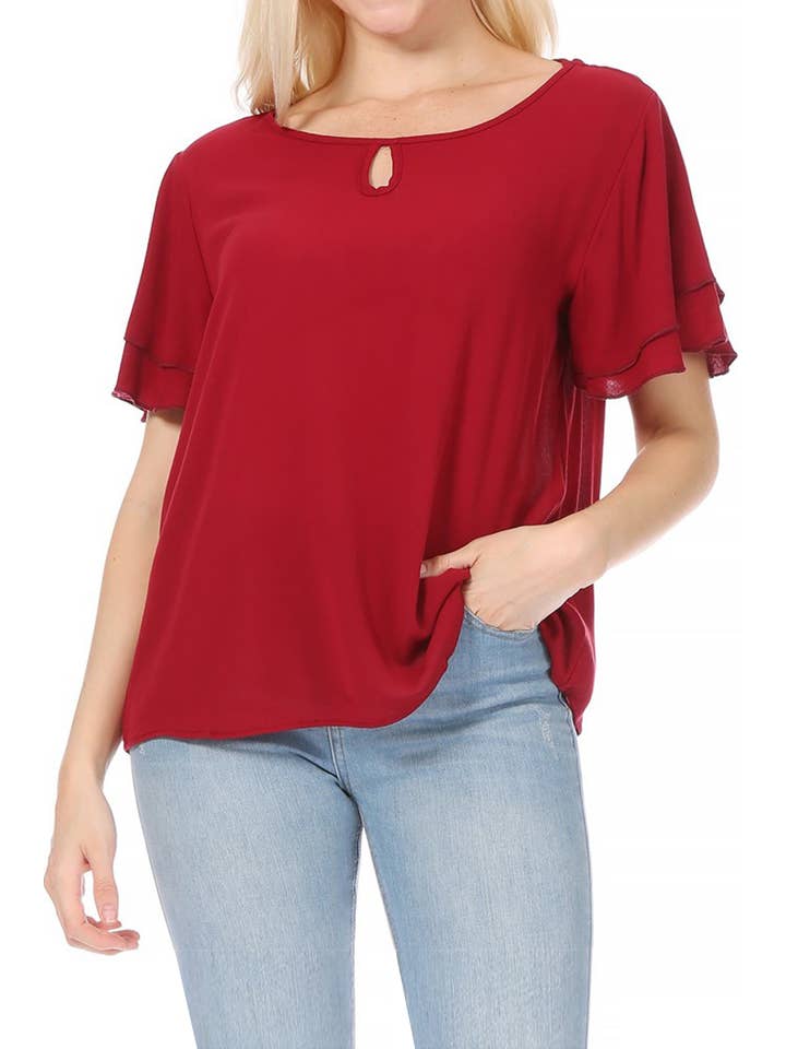 MOA COLLECTION - Wholesale Blouse - Women's - Casual Solid Flowy Short Flutter Sleeve Key Hole Blouse4