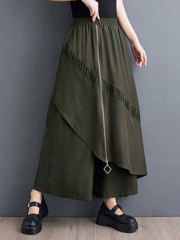 Plush Looks - Wholesale Pants - Women's - High Waisted Loose Elasticity Pleated Pockets Split-Joint Zipper Culotte Pants1