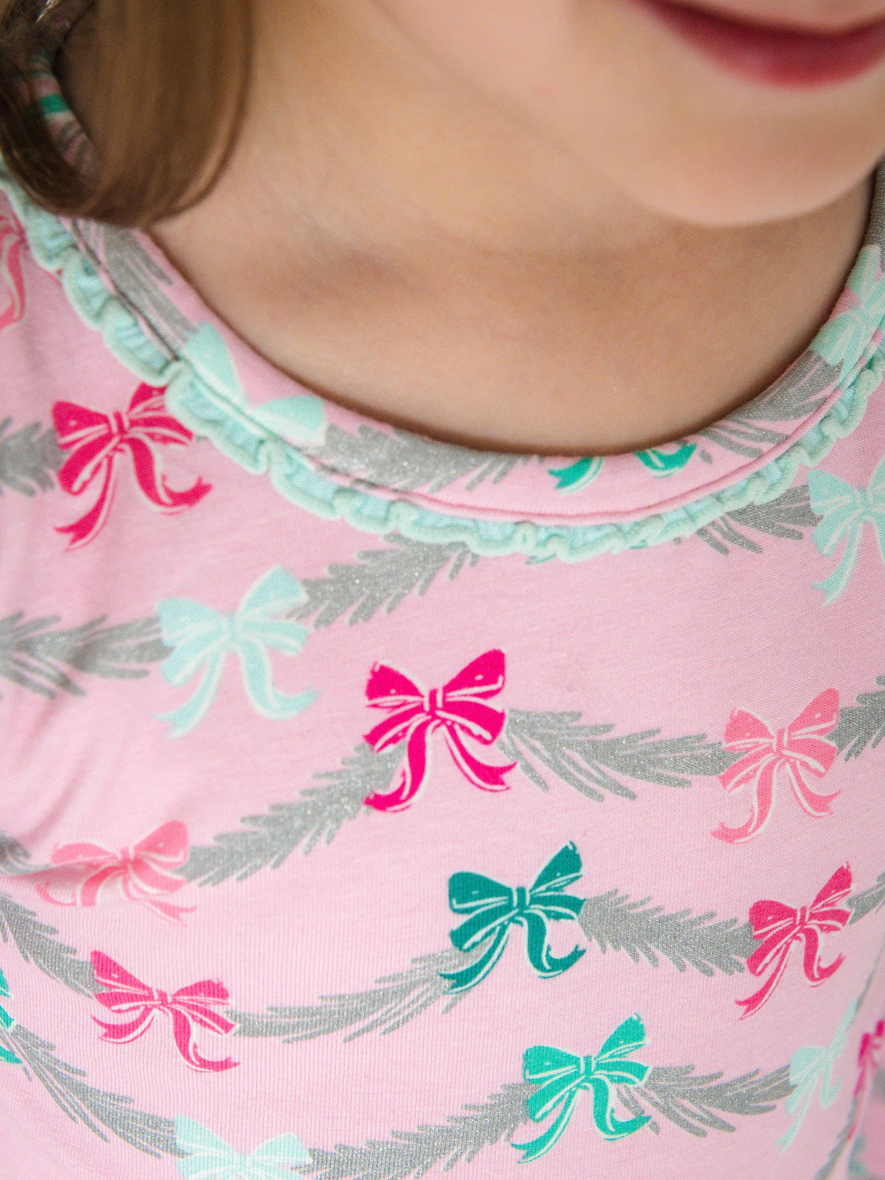 SoftSnooze™ Toddler Girls Cotton Modal Sparkle Pink Tinsel Tidings Ruffle Long Sleeve Pajama Set with Signature Rear Ruffles for wholesale on Faire6