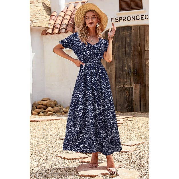 Supreme Fashion - Wholesale Dress - Women's - Allover Print Puff Sleeve Ruched Shirred Dress