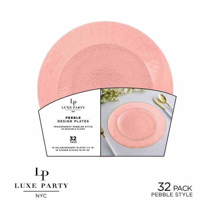 Luxe Party - Wholesale Disposable Plate - Solid Coral Pebble Plate and Gold Plastic Plates Set | 32 Pack
