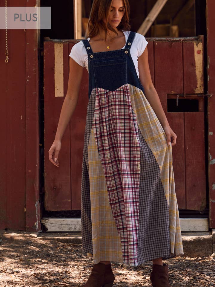 Plus Patchwork Plaid Overall Dress for wholesale by Oddi
