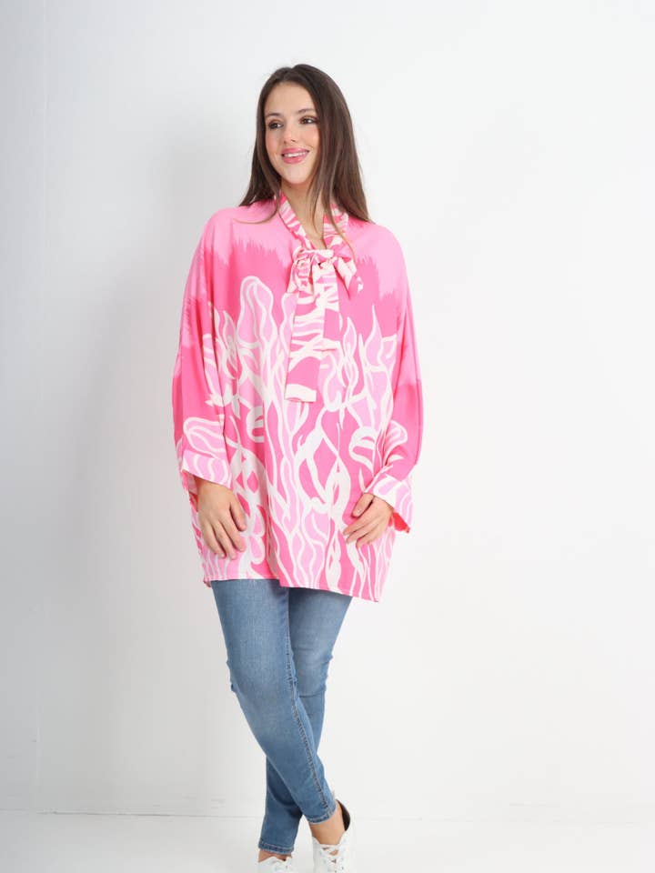 Italian Long Sleeve Printed Tie Neck Tunic Top for wholesale by Miss Bold