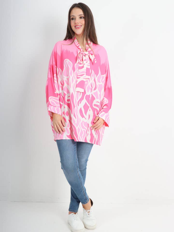 Italian Long Sleeve Printed Tie Neck Tunic Top for wholesale by Miss Bold