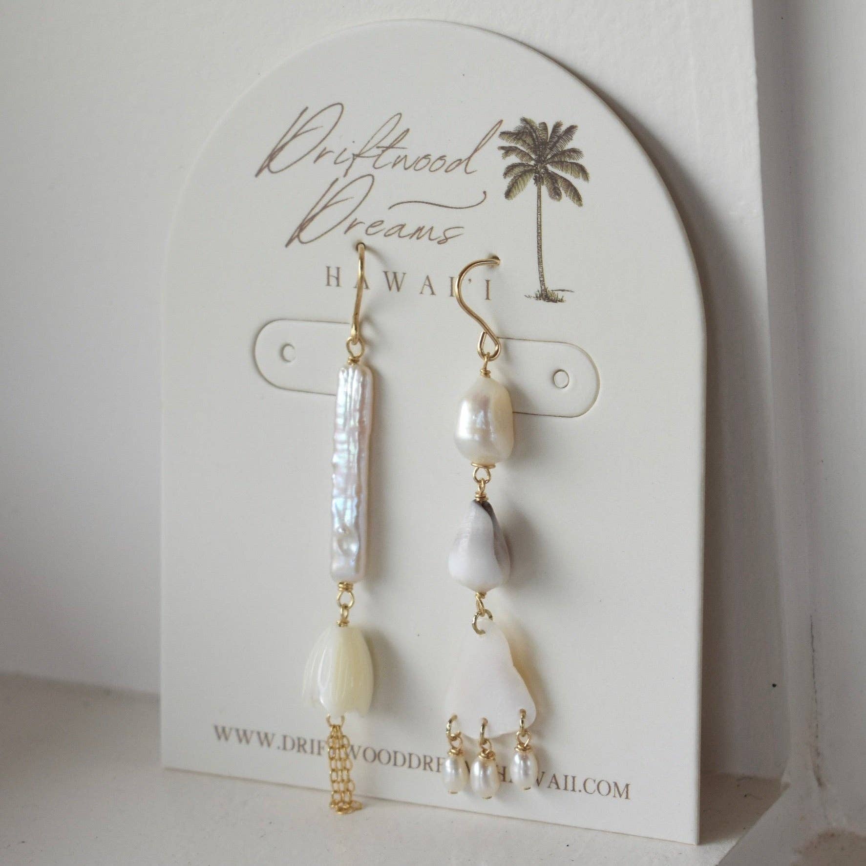 Driftwood Dreams Hawai'i - Wholesale Dangle Earrings - Asymmetrical Stick Pearl+Pīkake Earrings2