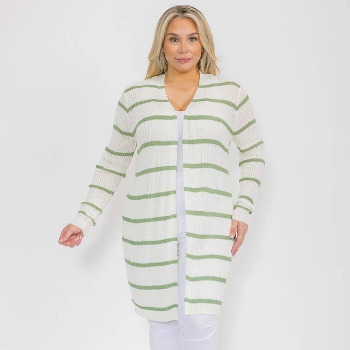 1070CPL- Cardigã comprido de malha às riscas, tamanho grande por atacado de IWT Brands