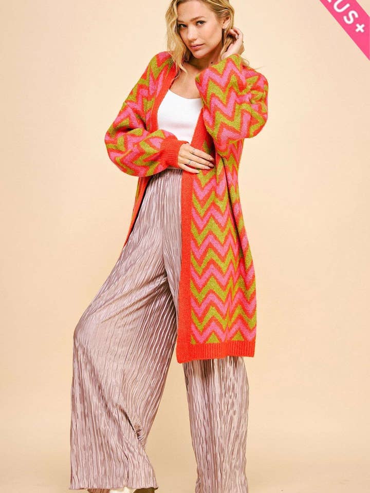 Red PLUS MULTI COLOR CHEVRON ZIGZAG LONGLINE CARDIGAN for wholesale on Faire