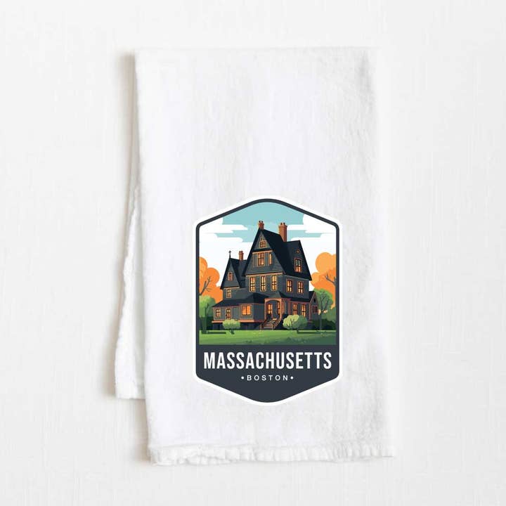 Torchon de cuisine illustré vintage de l'État du Massachusetts - 36” x 32” pour la vente par Towel Town